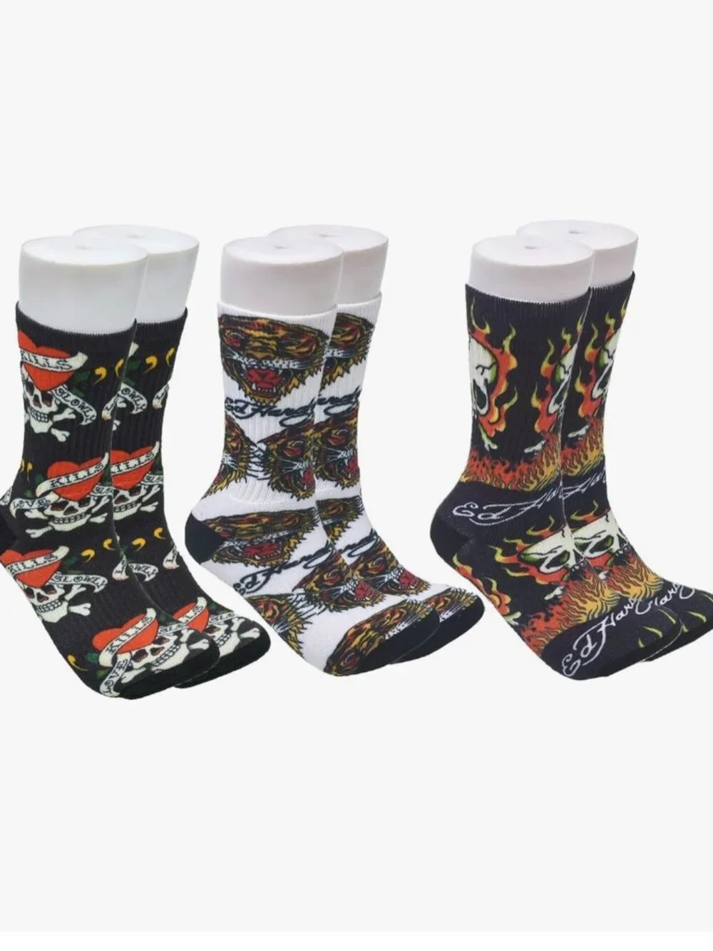 ED HARDY Tattoo Print Crew Socks 3 Pairs Mens 6-12 Womens 8-12 NEW